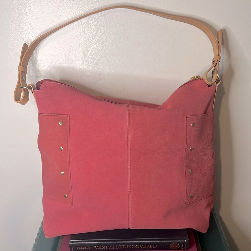 Time For Me NWOT 100% Genuine Leather Pink Suede Studded Hobo Shoulder Bag
